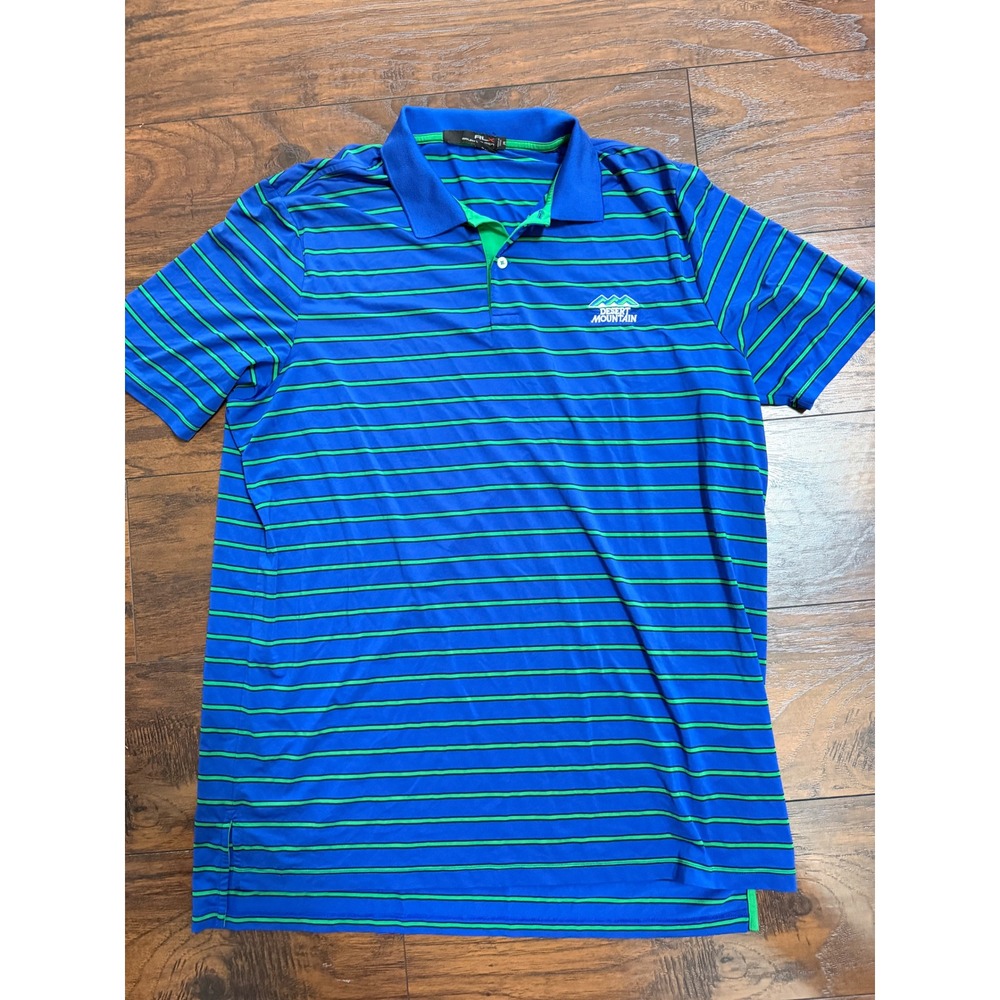 RLX Ralph Lauren Mens XL Blue Green Striped Golf Polo Shirt Desert Mountain Logo